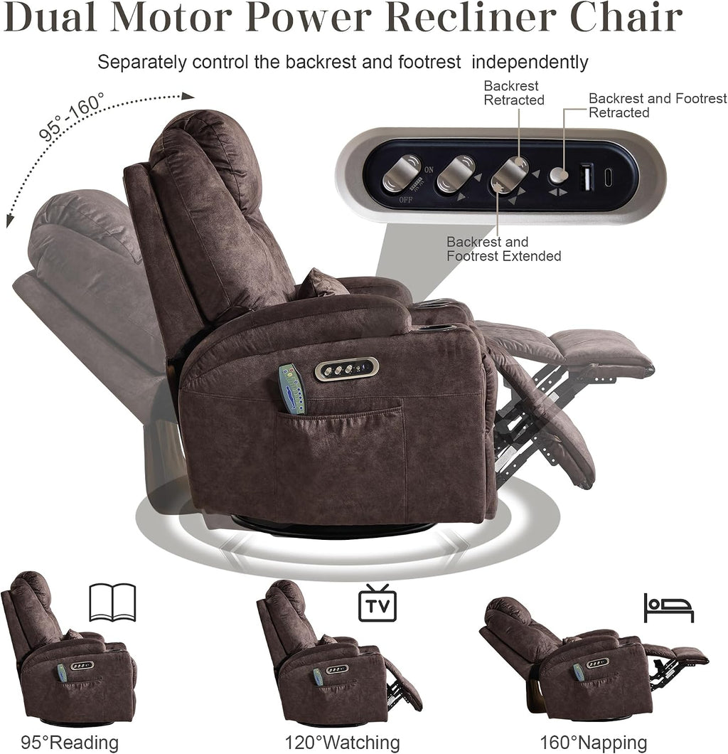 AHMED Dual Motor Power Swivel Rocker Recliner Chair, Velvet Brown | Electric Glider Rocking Chair, Massage & Heat, Cup Holders, LED Lights, USB A/USB C Ports