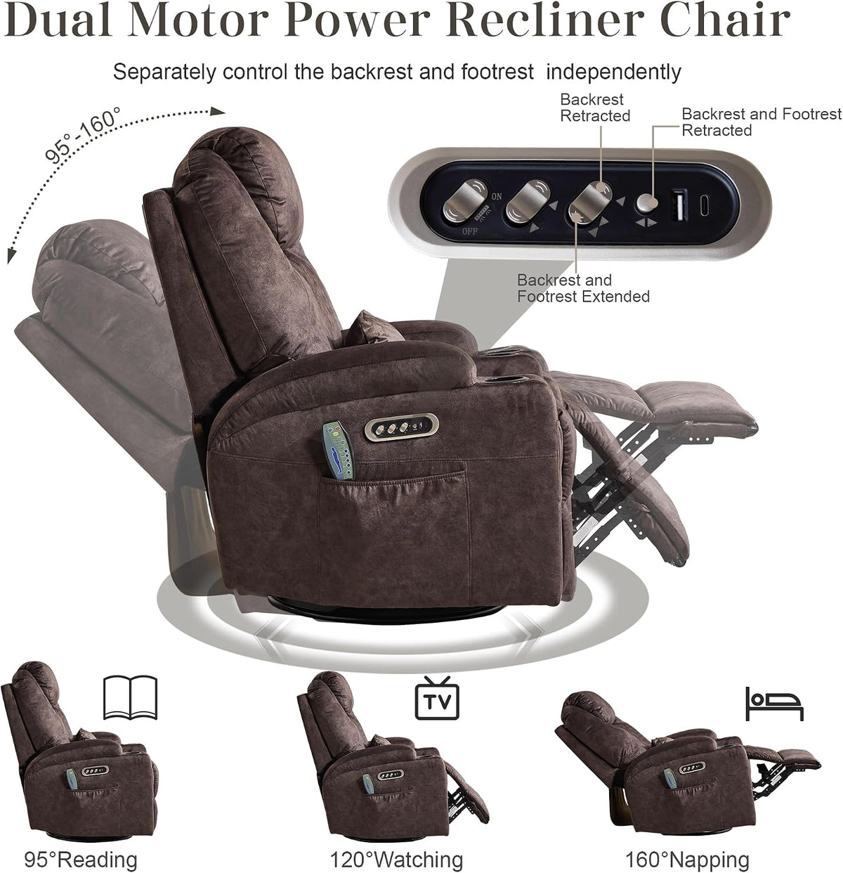 AHMED Dual Motor Power Swivel Rocker Recliner Chair, Velvet Brown | Electric Glider Rocking Chair, Massage & Heat, Cup Holders, LED Lights, USB A/USB C Ports