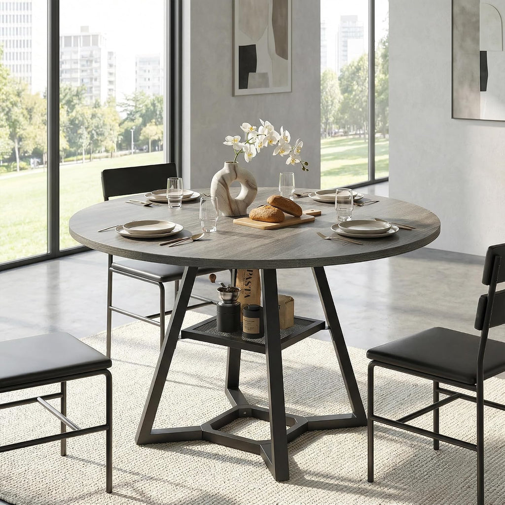 knoworld 51" Round Dining Table for 4-6, Kitchen Table with Storage Shelf, Heavy Duty Circle Pedestal Table for Small Spaces, Farmhouse Wood Dinner Table,Grey
