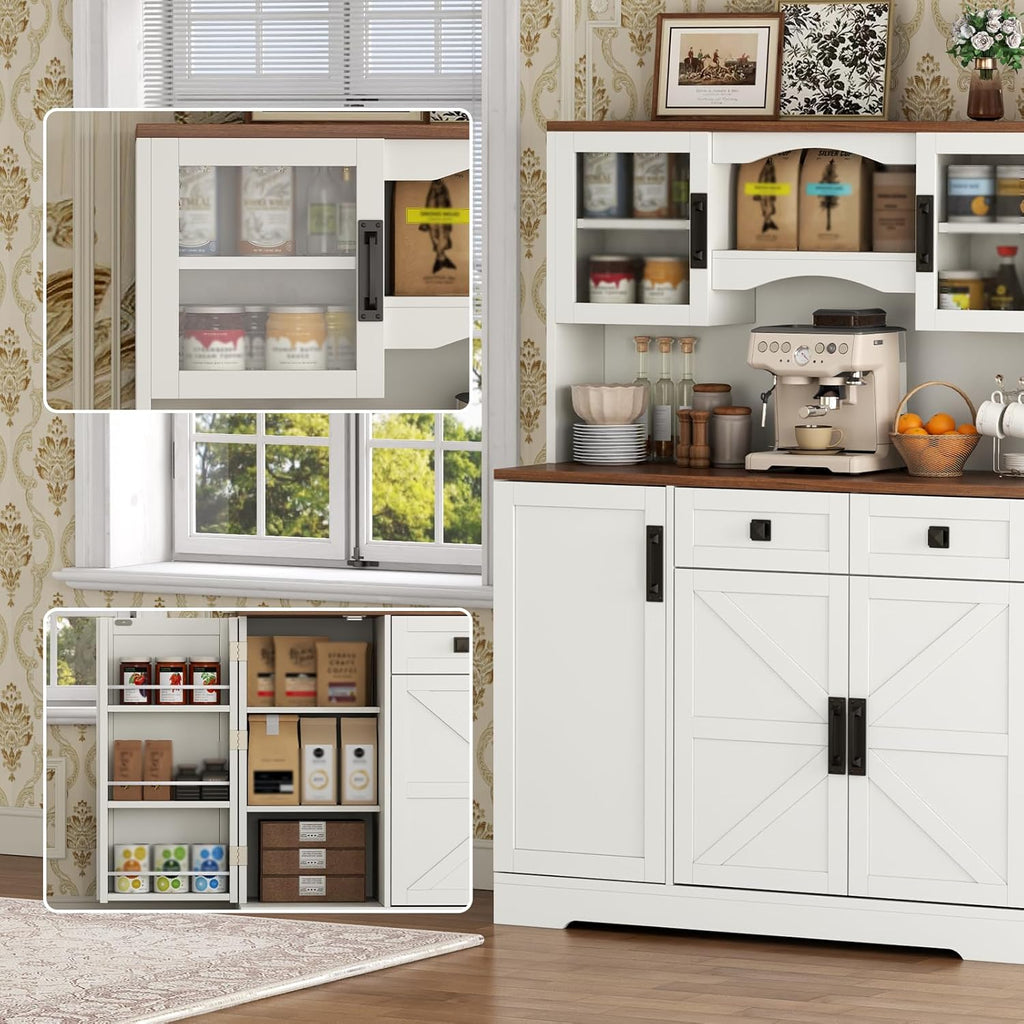 Gyfimoie 60" Tall Farmhouse Kitchen Pantry Storage Cabinet,Kitchen Hutch with Microwave Stand,Freestanding Buffet Pantry Cabinet with Glass Door and Adjustable Shelves for Dining Room (White)