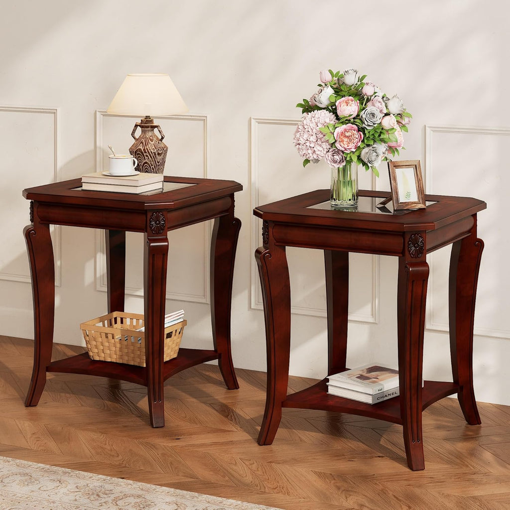 PADMA HOUSE Set of 2 Solid Wood Small End Table with Glasstop, Vintage Square Sofa Side Table with Storage Shelf and Curved Legs, 2-Tier Bedside Tables Nightstand in Cherry,19.7" Dx23.8 H
