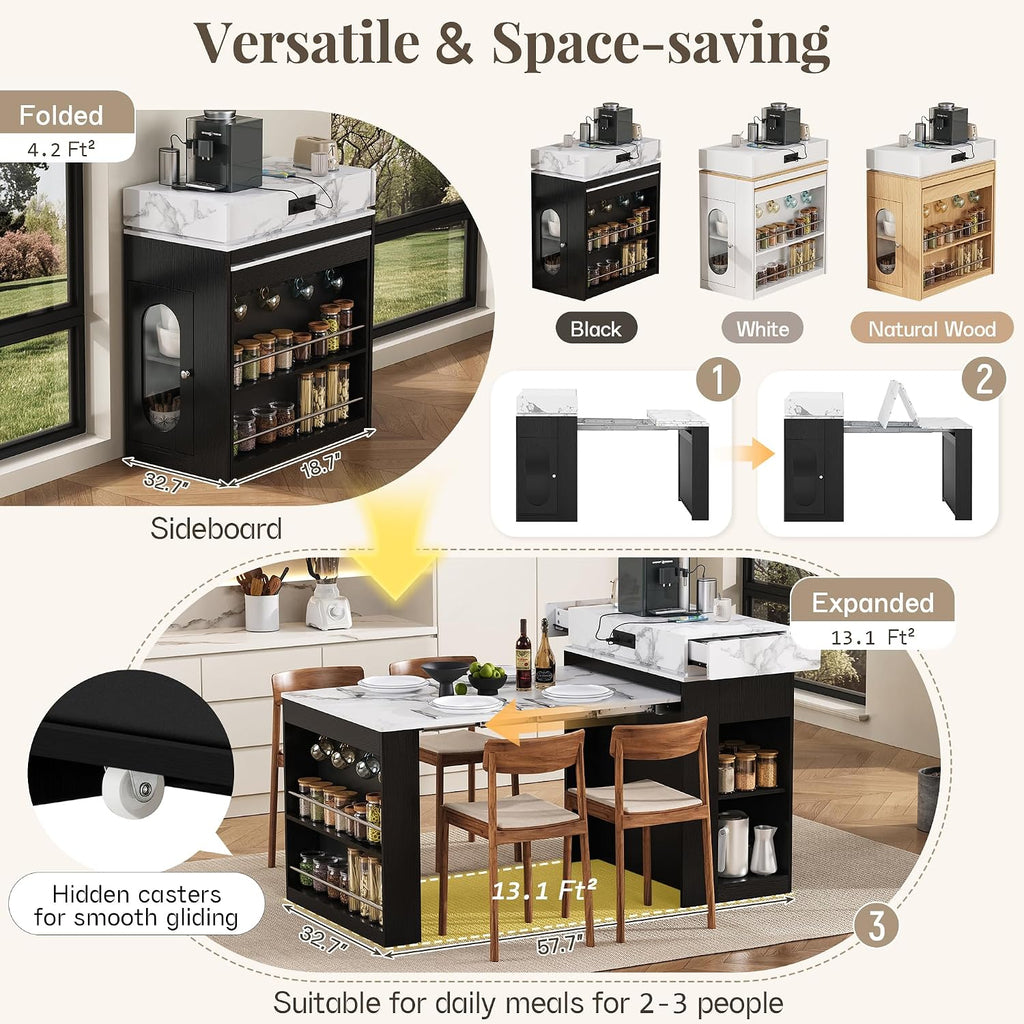 Extendable Dining Table with Storage, Transformer Console Table for 1-4 People, Mobile Rolling Island Table Space Saving Dining Room Table with Built-in Outlet for Homes, Apartments, Black Marble