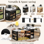Extendable Dining Table with Folding Tabletop, Bar Table with Drawers and Power Outlet, Kitchen Island with Wheels and Hooks, Sideboard for Kitchen and Dining Room (Black+Marble White)