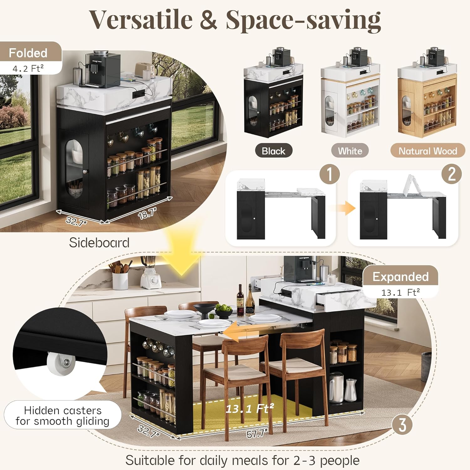 Extendable Dining Table with Folding Tabletop, Bar Table with Drawers and Power Outlet, Kitchen Island with Wheels and Hooks, Sideboard for Kitchen and Dining Room (Black+Marble White)