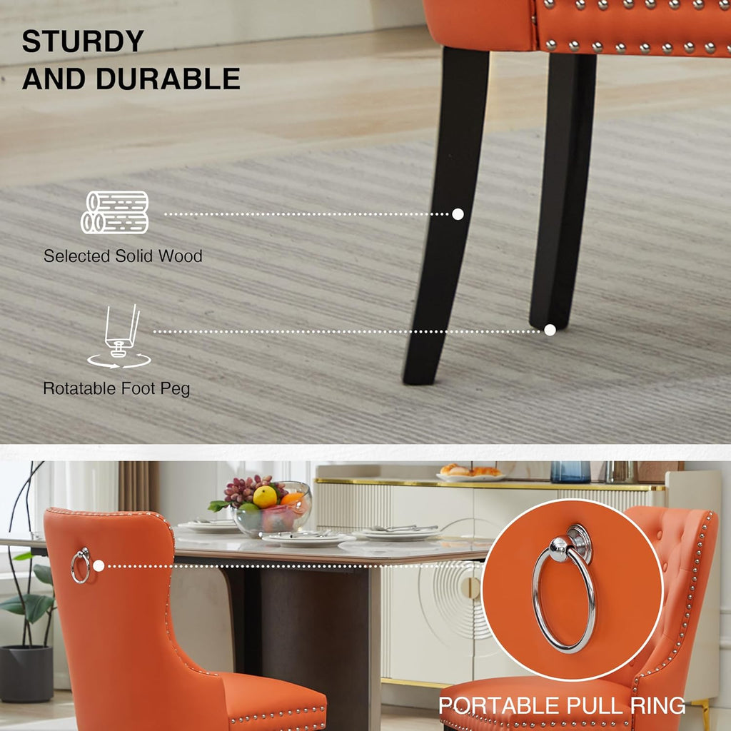 adochr PU Leather Dining Chairs Set of 2, Tufted Upholstered Dining Room Chair with Pull Ring and Solid Wood Legs, Orange