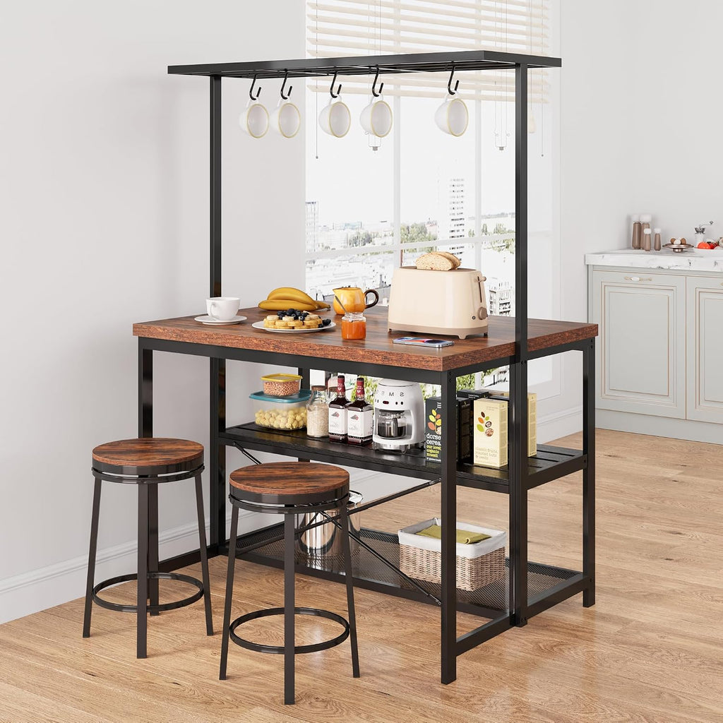 TrailBlaze 42'' Kitchen Island with Storage– 3-Tier Bakers Rack, Wooden Top, Sturdy Metal Frame, 5 Hooks, Space-Saving Design for Small Kitchens, Coffee Bar or Dining Room –No Stools