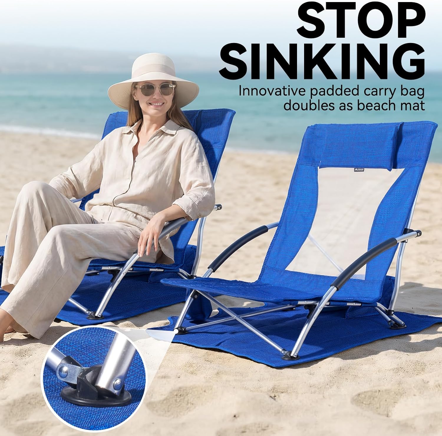 Huskfirm Low Beach Chairs 2 Pack, Lightweight Backpack Beach Chairs for Adults, Folding Aluminum Beach Chair with Cup Holder & Carry Bag, Heavy Duty Beach Chair Set for Beach, Camping, Concerts, Blue