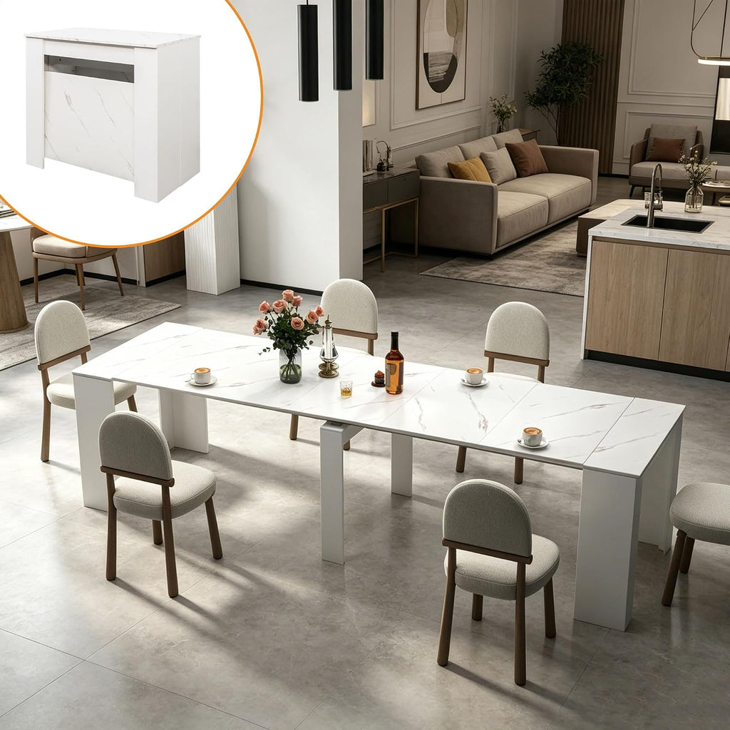 Expandable Dining Room Table, Extendable Table for 10-12 People, Folding Console Table, Space Saving Kitchen Table for Apartment, Marble and White