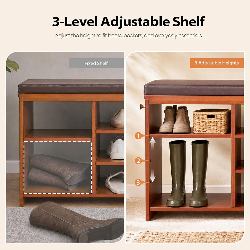 OAKHAM 50" Bamboo Shoe Storage Bench with Comfortable Padded Faux Leather Seat and 550 lbs Capacity, 3-Level Adjustable Shelf, Side Storage Slot and 3 Hooks for Entryway Hallway Mudroom, Brown