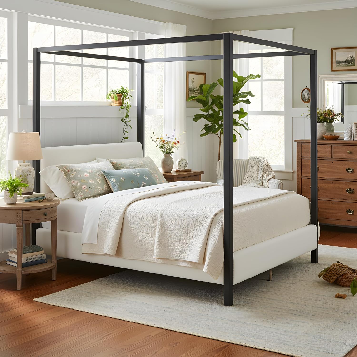 LUMISOL Queen Size Metal Canopy Bed with Upholstered Headboard, Modern Black Four Poster Bed Frame, Heavy Duty Canopy Platform Bedframe with Wood Slat Support & White Boucle Upholstery Fabric