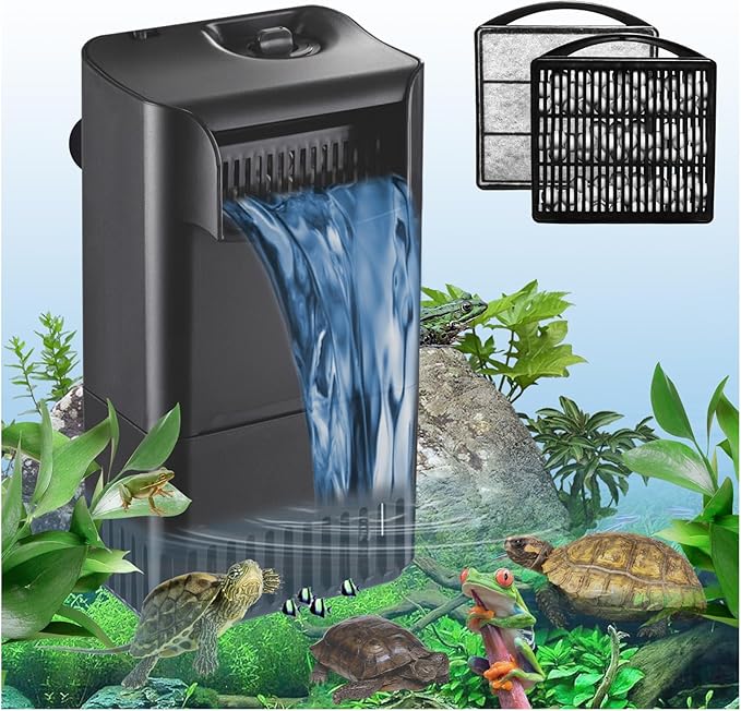 222GPH 10W Turtle Tank Filter Aquarium Filter Power Adjustable 10-40 Gal. Small Internal Filter 3-Stage Waterfall Bio-Filtration Quiet Low Water Level for Freshwater Saltwater Fish Tank Easy to Clean