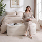 Teddy Sherpa Storage Ottoman Bench End of Bed, White | Modern Boucle, Oval Design, Safety Hinge Lid, Hidden Storage, Window Seat, Living Room, Bedroom, Entryway, No Assembly
