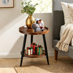 Small Round Side Table, 2-Tier Mid Century Modern Side Table, Round End Table Small End Table for Living Room, Metal Frames, Brown
