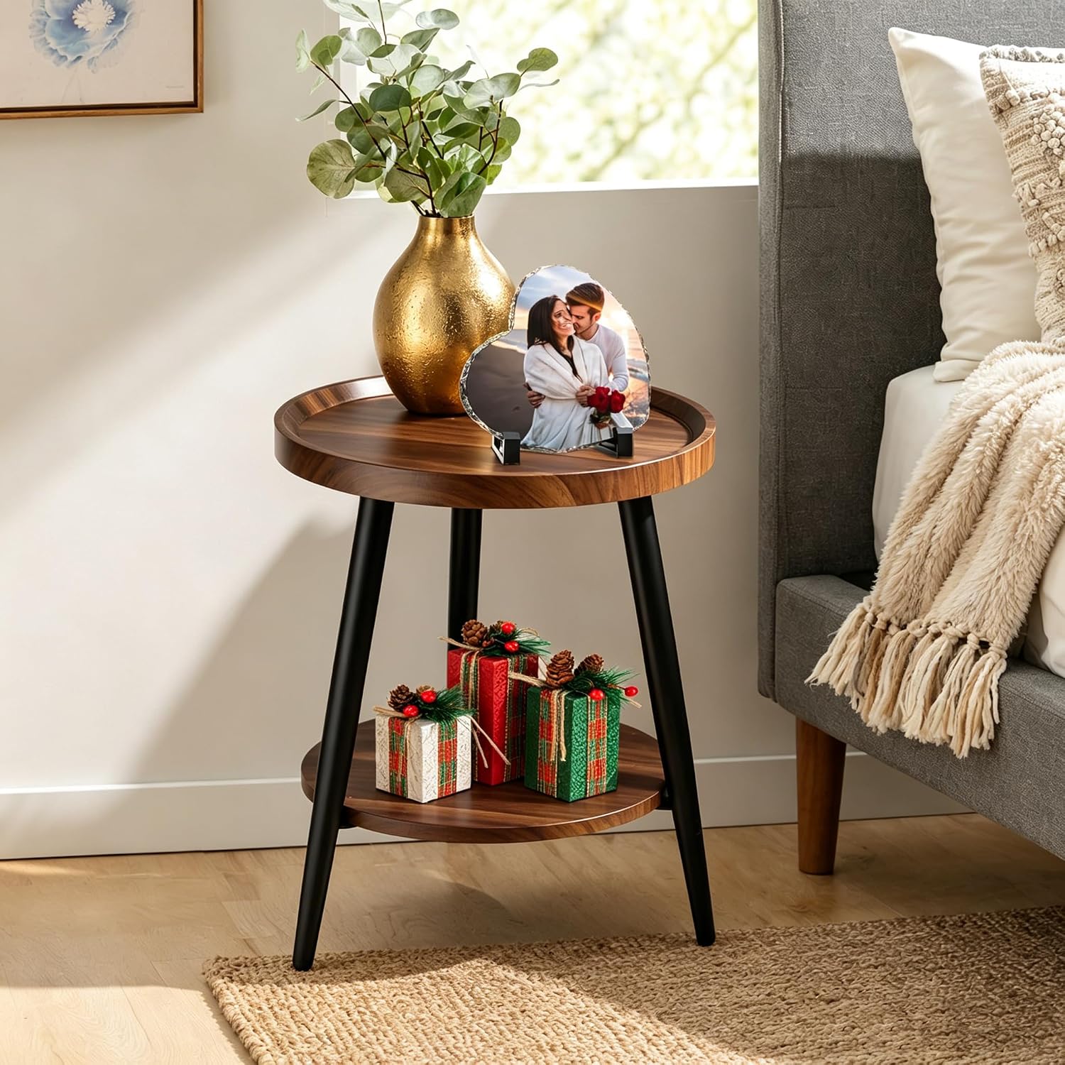 Small Round Side Table, 2-Tier Mid Century Modern Side Table, Round End Table Small End Table for Living Room, Metal Frames, Brown