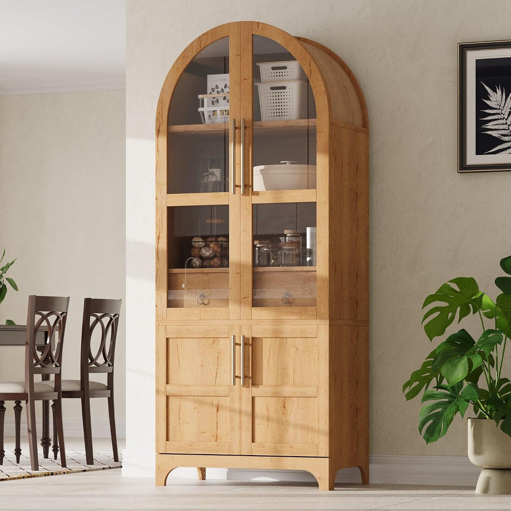 71" Tall Arched Kitchen Pantry Cabinet, Farmhouse Freestanding Storage Cupboard with Glass Door, Open & Adjustable Shelves, Door Shelves and Hidden Drawer,Cabinet for Kitchen Dining Room,Natural
