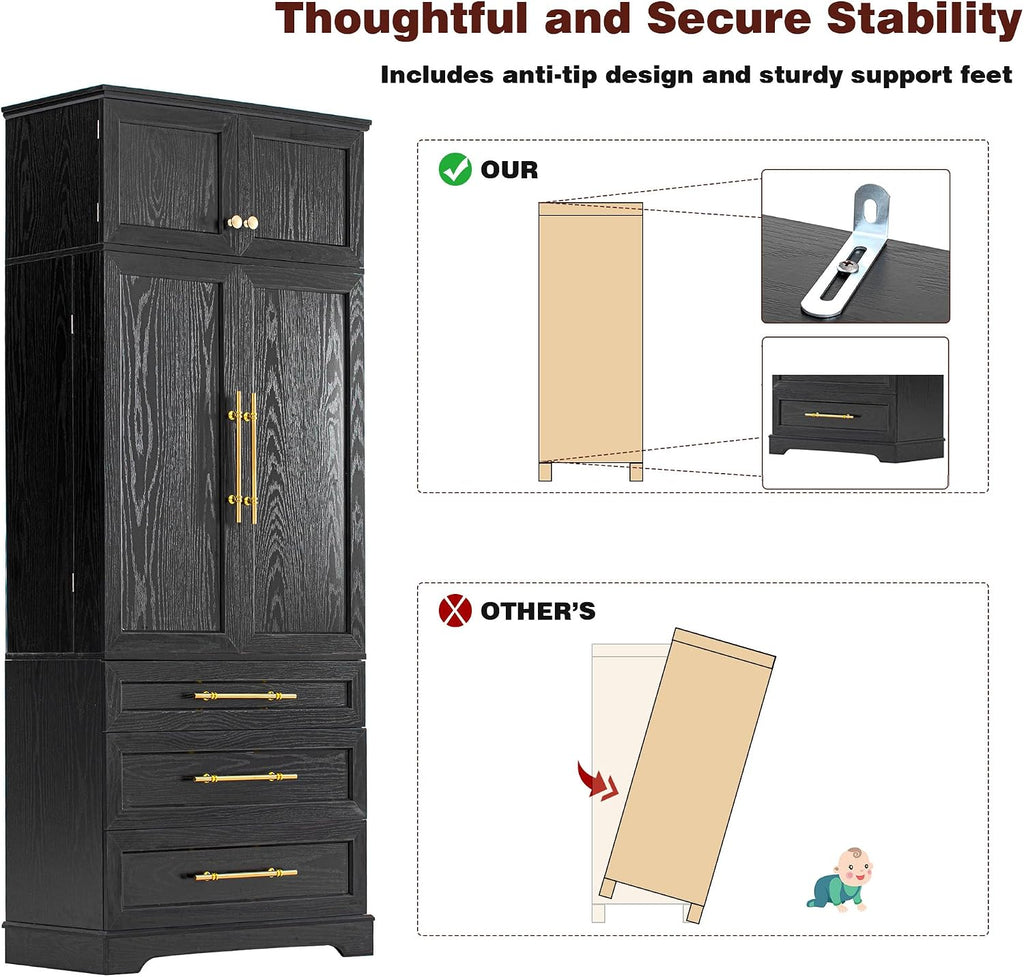 JIJIWANG Kitchen Pantry Storage Cabinet with Doors & Adjustable Shelves,Farmhouse Kitchen Pantry Cabinet with Drawer & Storage,for Kitchen, Dining & Bathroom,Black