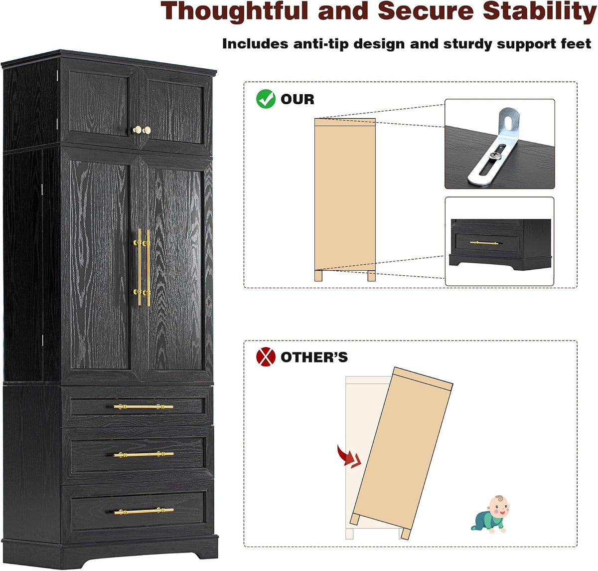 JIJIWANG Kitchen Pantry Storage Cabinet with Doors & Adjustable Shelves,Farmhouse Kitchen Pantry Cabinet with Drawer & Storage,for Kitchen, Dining & Bathroom,Black
