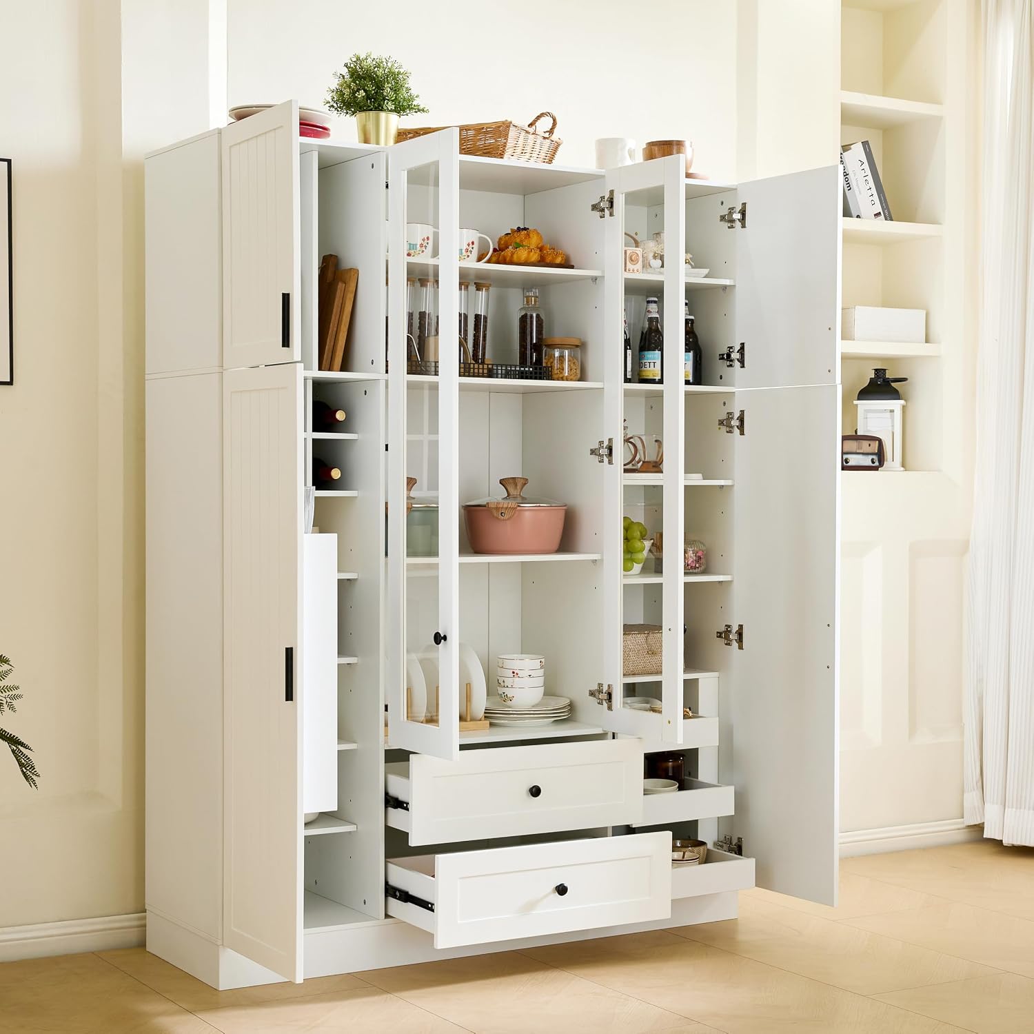 Kitchen Pantry with 6-Door, Drawers, Adjustable Shelves, Pull-Out, White | Spacious 53.2" freestanding sideboard with 6 doors, white finish, ideal for dining area, hallway, or living room display