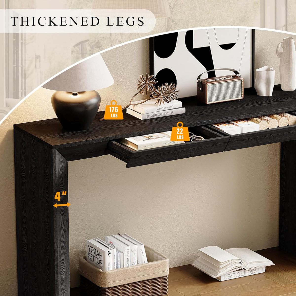 LKTART 60" Modern Farmhouse Console Table with 2 Drawers, Sofa Table Behind Sofa, Wooden Entryway Table for Living Room, Entryway & Foye,Black