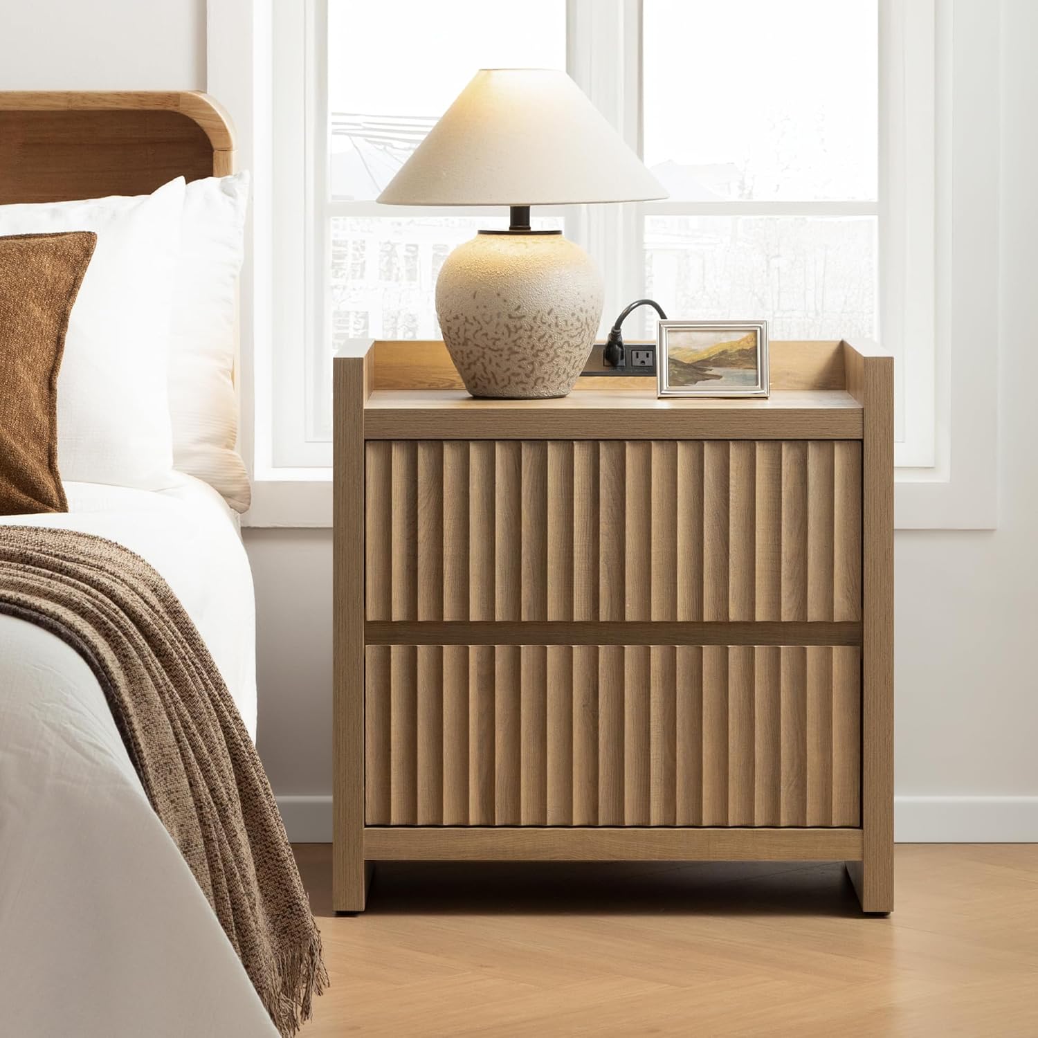 SICOTAS Night Stand Set 2 with Charging Station, Fluted Nightstands | Large Modern Nightstand with 2 Drawers for Bedroom, 25.4" Wide Bedside Table End Side Table for Sofa Side, Caramel Oak
