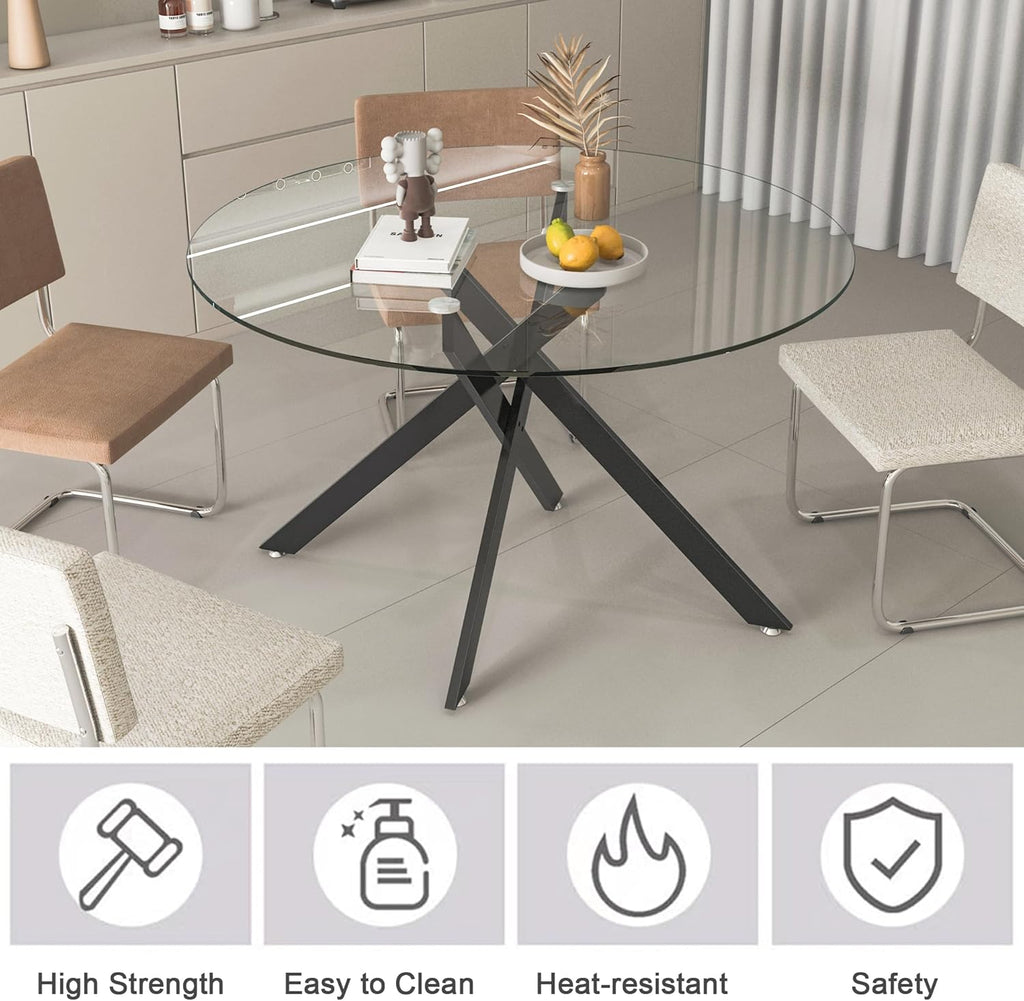 HomVent 47-inch Round Glass Dining Table for 4, Round Glass Kitchen Table with Metal Legs, Circle Dining Room Table for Space-Saving Kitchen Living Room