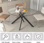 47" Round Glass Dining Table for 4-6, Circle Kitchen Table with Tempered Glass Top & Black Metal Cross Legs, Modern Glass Dinner Table for Kitchen Dining Room Small Apartment