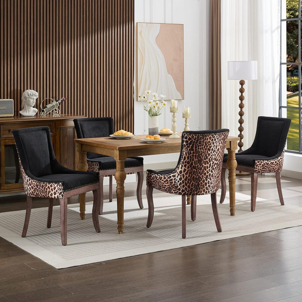LKTART Upholstered Dining Chairs Set of 2, Solid Wood Kitchen Dining Room Chairs with Thicken Padded and Nailhead Trim for Home Kitchen Bedroom Black and Leopard