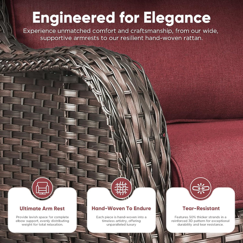 Belord 5 Piece Wicker Patio Furniture Set, Outdoor Swivel Rocker Chairs Set of 2 with Ottomans and Loveseat, All Weather Patio Conversation Furniture Set, for Porch Pool, Brown Wicker/Red