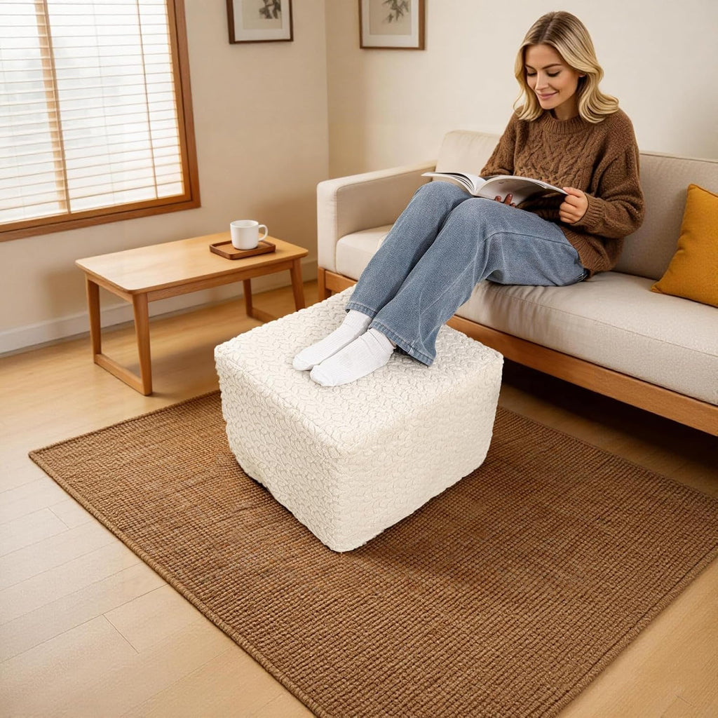 Square Stuffed Pouf Ottoman Poufs with One-Piece Seamless Foam Filling, Furry and Fluffy Pouf Foot Stool, 20 X 14 Floor Poufs Ottoman Foot Rest for Living Room (Cream)