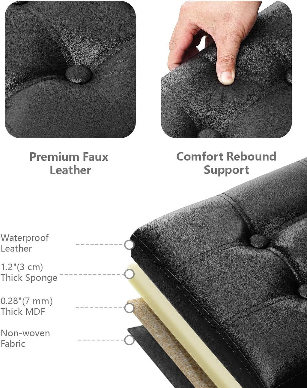 AmasSmile Footrest Ottoman Storage Bench,34" Leather Folding Chest,Black | Large Ottoman with Storage,Thicker Foam Padded Seat,Livingroom,Dorm,Bedroom,Entryway,Easy to install,34 x 13 x 13in