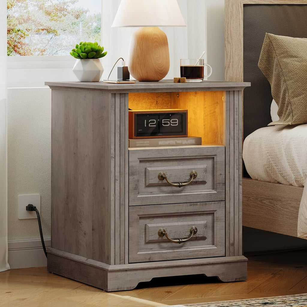 RALGEND Farmhouse Nightstand with Charging Station, Night Stand with 2 Drawers, End Tables Living Room, LED Bed Side Table with Open Shelf, End Table for Bedroom, Living Room, Greige
