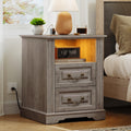 RALGEND Farmhouse Nightstand with Charging Station, Night Stand with 2 Drawers, End Tables Living Room, LED Bed Side Table with Open Shelf, End Table for Bedroom, Living Room, Greige