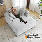 VINGLI 56" Oversized Chaise Lounge Chair, Light Grey Comfy Corduroy Chaise Sofa Recliner Bed Upholstered Sleeper Couch Bed with Throw Pillows and Armrests for Living Room, Movie Room, Bedroom