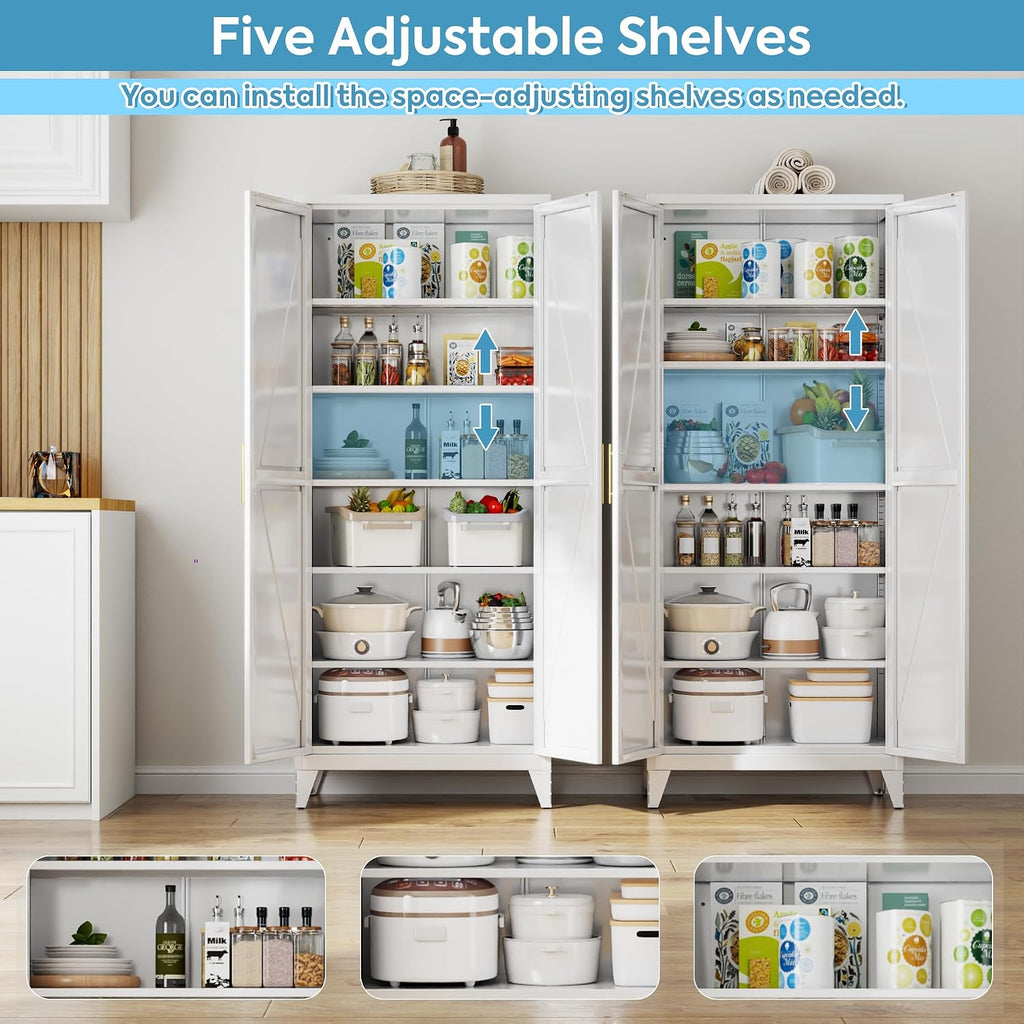 75" Tall Metal Pantry Cabinet, White Kitchen Storage Cupboard with 5 Adjustable Shelves, Heavy Duty Steel Food Organizer for Dining Room, Laundry Room, Living Room, Required Assembly