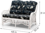 Malibu Lounge Loveseat Sofa Natural Rattan Wicker Handmade Design, White Color with Black Leaf Cushions
