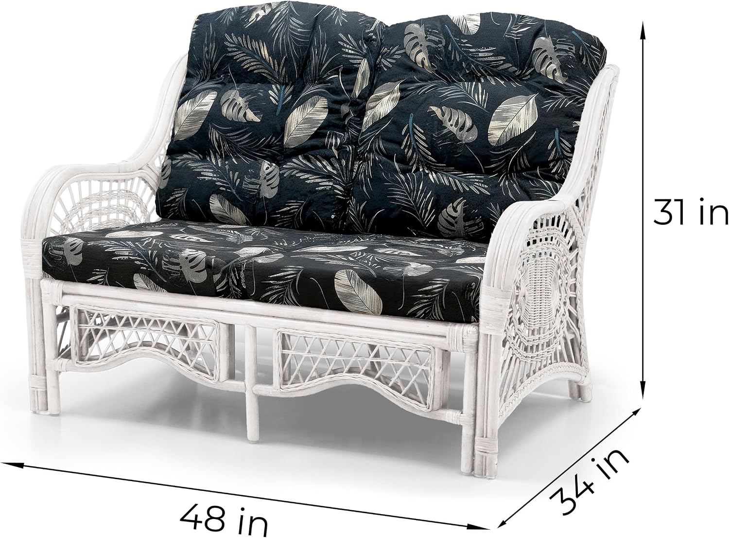 Malibu Lounge Loveseat Sofa Natural Rattan Wicker Handmade Design, White Color with Black Leaf Cushions