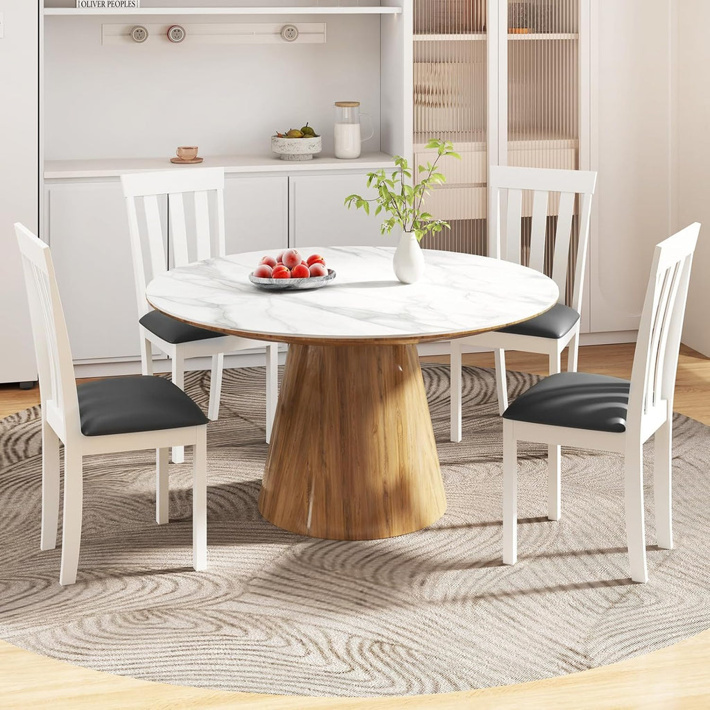 GOFLAME Wood Dining Chairs Set of 4, Upholstered Faux Leather Kitchen Side Chairs with Rubber Wood Frame, Armless Dinette Chairs for Dining Room, Living Room, Restaurant, White & Grey