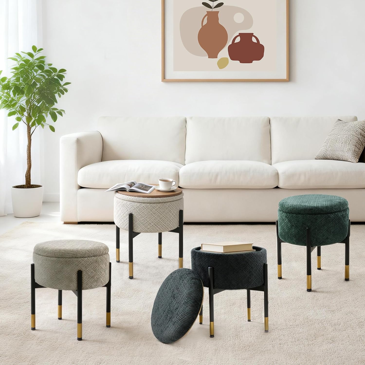 CAROLMADE Round Ottoman with Storage, Velvet Makeup Vanity Stool, Small Ottoman Foot Stool with Coffee Table and Metal Legs for Living Room, Bedroom and Dorm, Beige