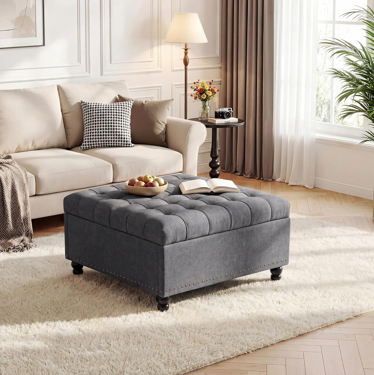 36" Large Square Storage Ottoman with Lift Top, 300 LBS Tufted Upholstered Ottoman Coffee Table Bench with Study Wood Legs, Multi-Functional Footrest Storage Box for Living Room and Bedroom (Gray) ﻿