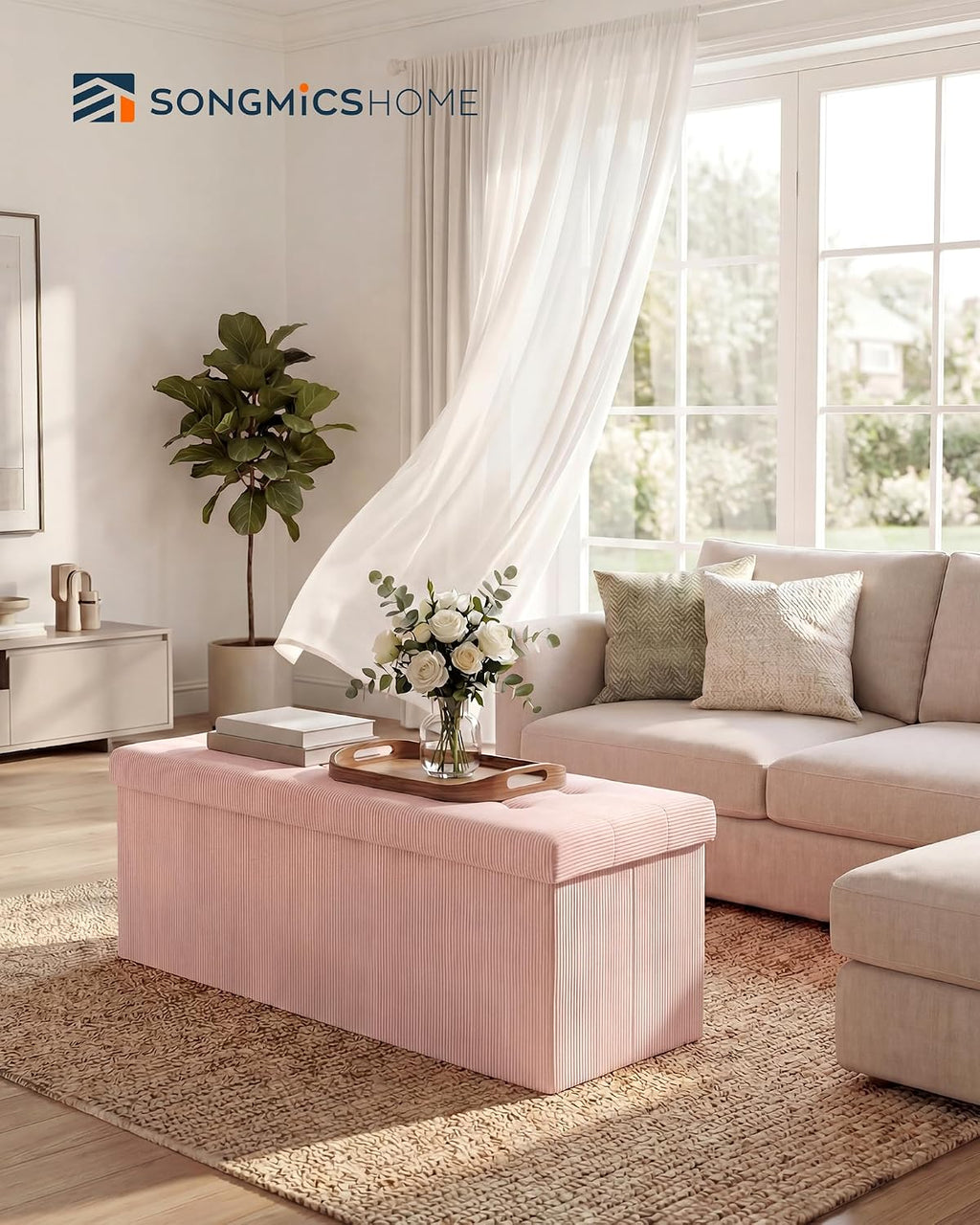 SONGMICS Home Ottoman with Storage, Removable Lid, Folding Storage Chest, Easy Assembly, for Entryway, Bedroom, Living Room, 15.2 x 43.2 x 15.2 Inches, Corduroy, Light Pink