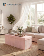 SONGMICS Home Ottoman with Storage, Removable Lid, Folding Storage Chest, Easy Assembly, for Entryway, Bedroom, Living Room, 15.2 x 43.2 x 15.2 Inches, Corduroy, Light Pink
