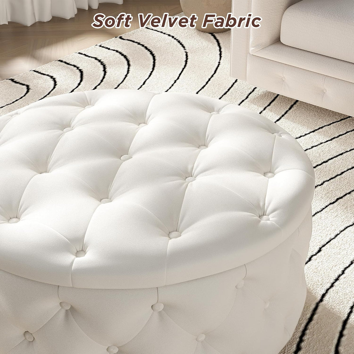 FiveWillowise 30 Inch Round Ottoman with Storage Tray,Large Coffee Table | Circle Modern Button Footstool with Removable Lid,Cozy Foot Stools for Living Room, Bedroom,Makeup Room,Cream White