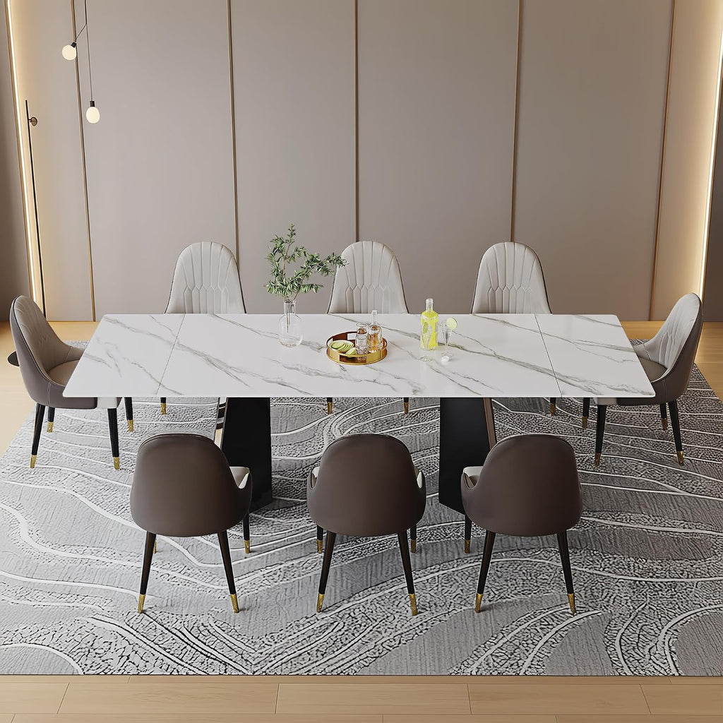 Expandable Dining Table 62.99 to 94.48 Inch Sintered Stone Marble Table Black Carbon Steel Base Diagonal Leg Design for Home Kitchen (Snowflake White)