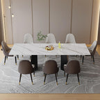 Expandable Dining Table 62.99 to 94.48 Inch Sintered Stone Marble Table Black Carbon Steel Base Diagonal Leg Design for Home Kitchen (Snowflake White)