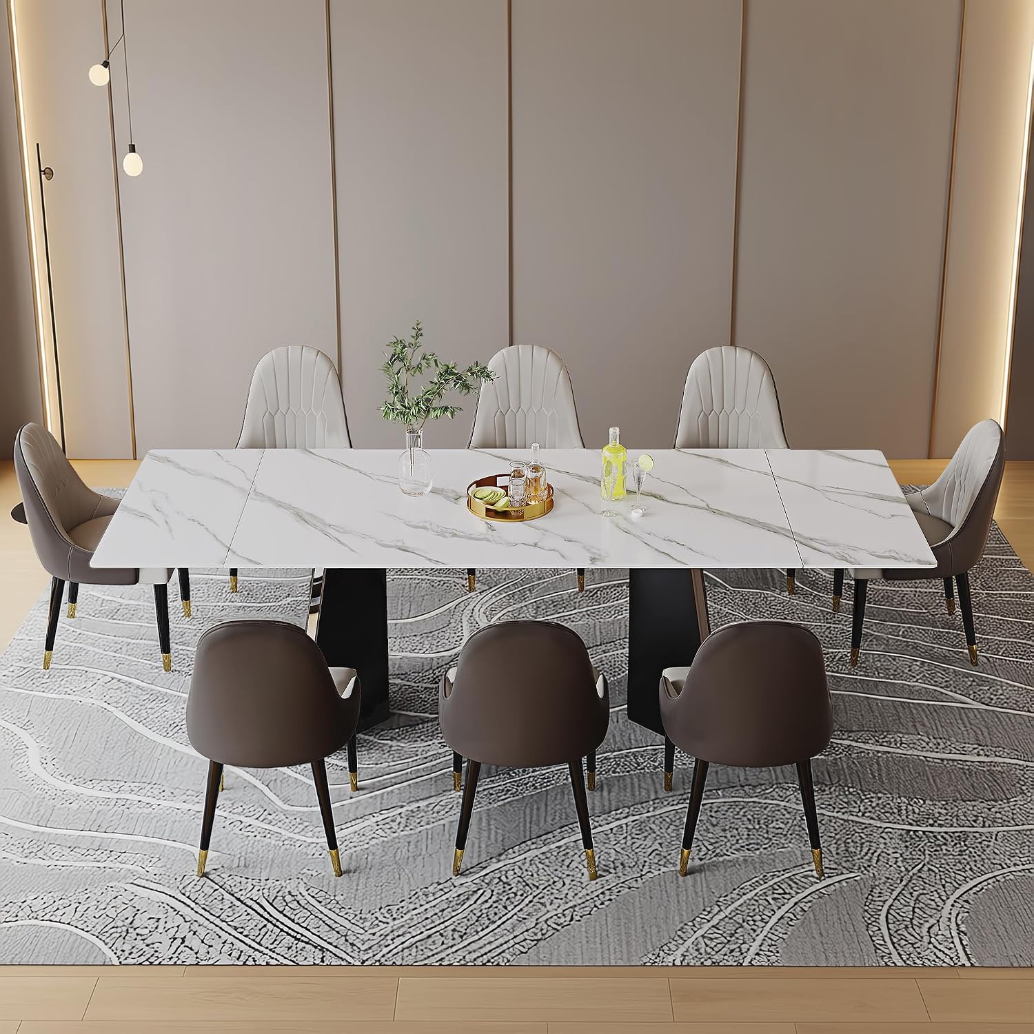 Expandable Dining Table 62.99 to 94.48 Inch Sintered Stone Marble Table Black Carbon Steel Base Diagonal Leg Design for Home Kitchen (Snowflake White)