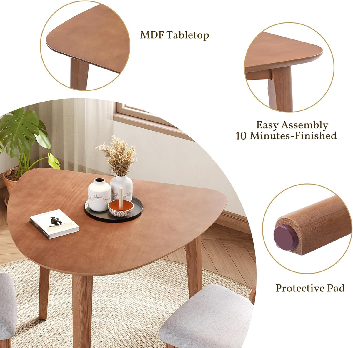 P PURLOVE Modern 3 Piece Table Set, Triangular Table and 2 Curved Wood Chairs for Living Room, Dining Room, Kitchen, Small Space, Minimalist Space-Saving (Light Brown)