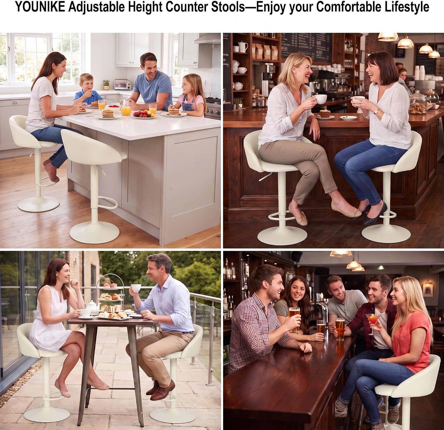YOUNIKE Bar Stools Set of 2 Kitchen Bar Chair Counter Height Barstool Cream | Faux Leather Upholstered Modern Adjustable Swivel Padded Low Backs for Breakfast Island Mid-Century Load 300LBS