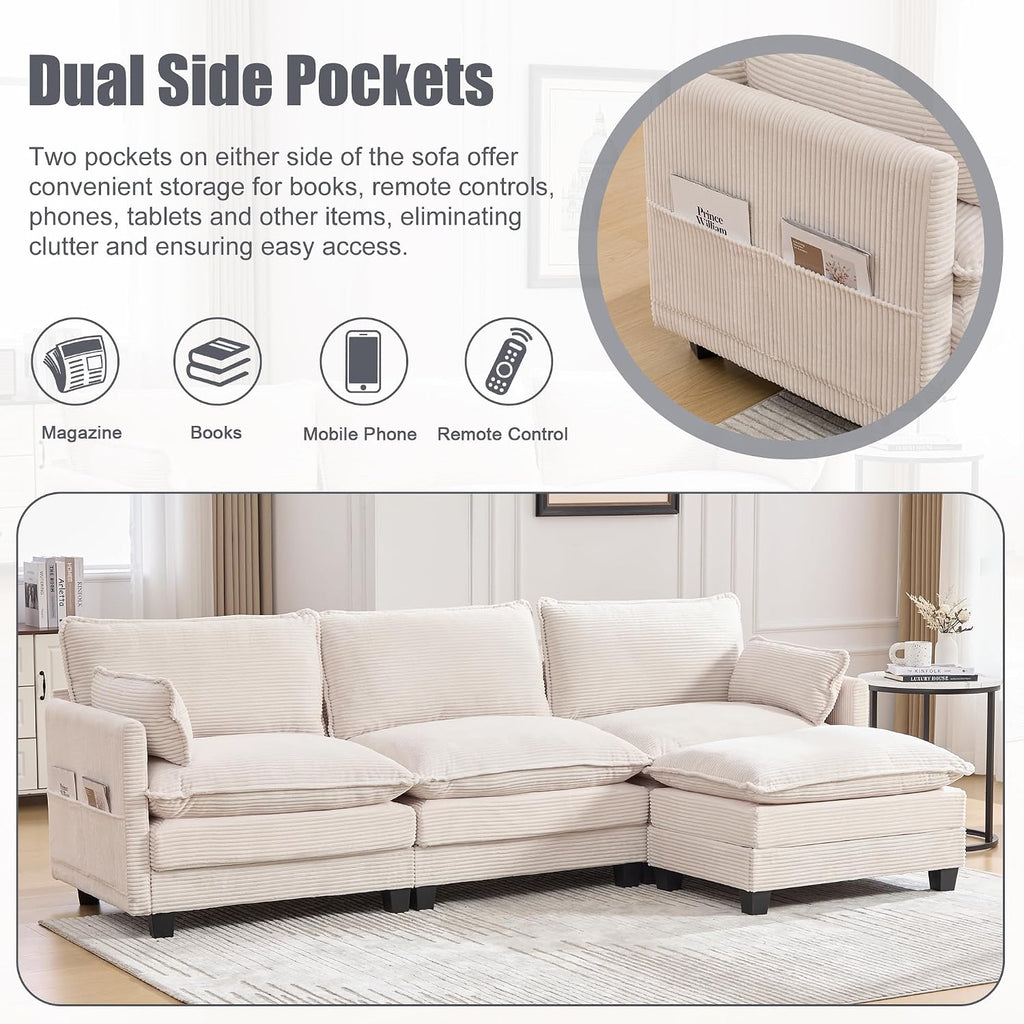 KIVENJAJA 103" Cloud Couch Sectional with Storage, L Shaped Sofa, Beige | 3 Seat, Side Pockets, Movable Ottoman, Corduroy, Deep Seat, Easy Assembly, for Living Room/Apartment
