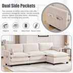 KIVENJAJA 103" Cloud Couch Sectional with Storage, L Shaped Sofa, Beige | 3 Seat, Side Pockets, Movable Ottoman, Corduroy, Deep Seat, Easy Assembly, for Living Room/Apartment