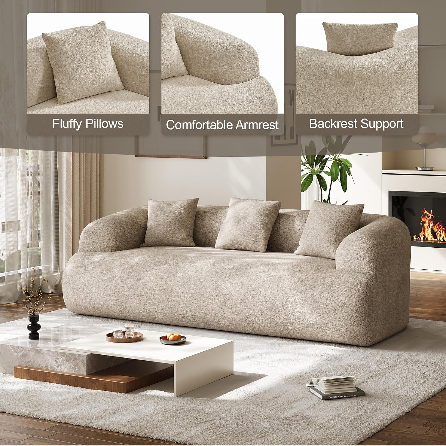 91" Couch,Cloud Couch,Chenille Curved Sofa with 3 Seater and 3 Pillows, Modern Compression Sofa for Living Room, Bedroom and Apartment, No Assembly Required, Light Brown
